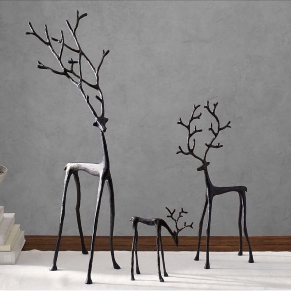 Pottery Barn Bronze Sculpted Reindeer Deer Set of 3 Holiday Christmas NEW